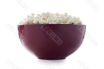 popcorn in red bowl