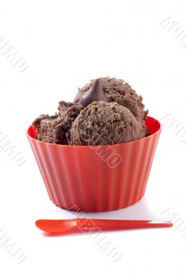 cup of chocolate ice cream and red spoon