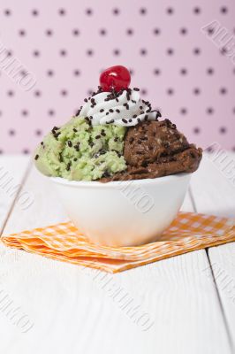 bowl of chocolate and mint ice cream with toppings