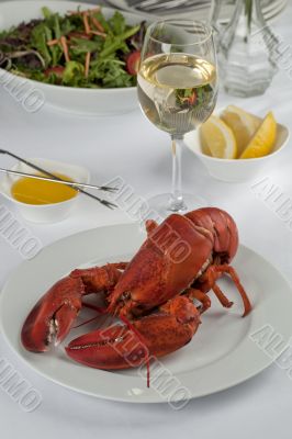 lobster dinner with wine and vegetable salad