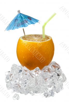 sliced orange with drinking straw and umbrella