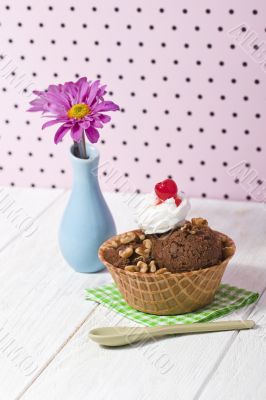 chocolate ice cream with red cherry topping