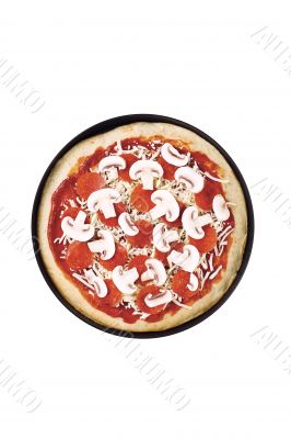 overhead shot of a pepperoni pizza