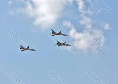 Three long-range bombers Tu-22M &ldquo;Backfire&rdquo; in flight