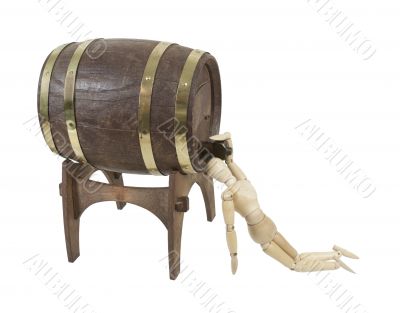Drinking Straight from Wooden Barrel on Stand
