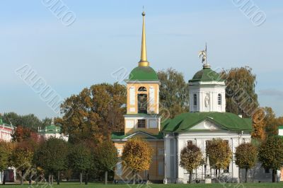 Kuskovo estate. View of the palace church with a bell tower 