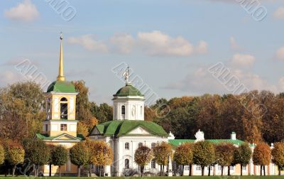 Kuskovo estate. View of the palace church with a bell tower 