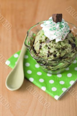 mint chocolate chip ice cream with whipped cream and syrup