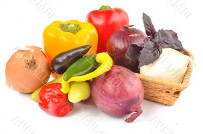 Pepper, onion, chili peppers on a white background