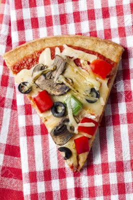 pizza slice on tablecloth