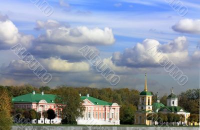 Kuskovo estate. View of the ducal palace and the palace church w