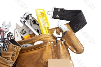 tool belt with work tools on white background