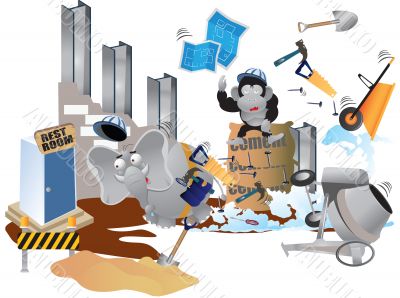 elephant and monkey at construction site