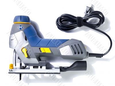 modern electric saw on white