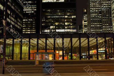 illuminated office buildings at night