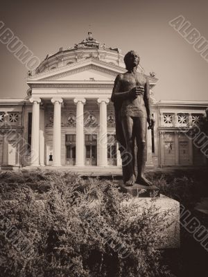 black and white of a statue