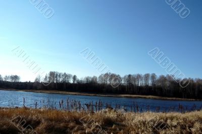 Cloudless sky and a lake on a clear autumn day