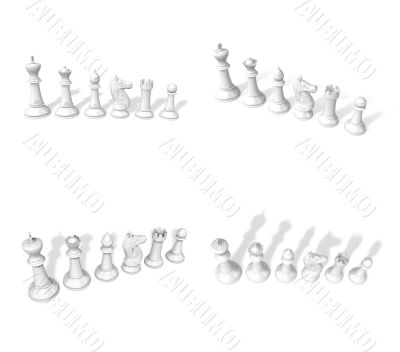3d white chessmen standing side by side 3d white chessmen standing side by side