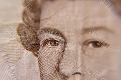 Closeup of Queen Elizabeth, on a british five pound note Closeup of Queen Elizabeth, on a british five pound note
