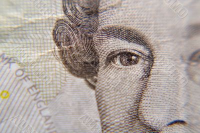 Macro shot of Queen Elizabeth, on a british five pound note Macro shot of Queen Elizabeth, on a british five pound note