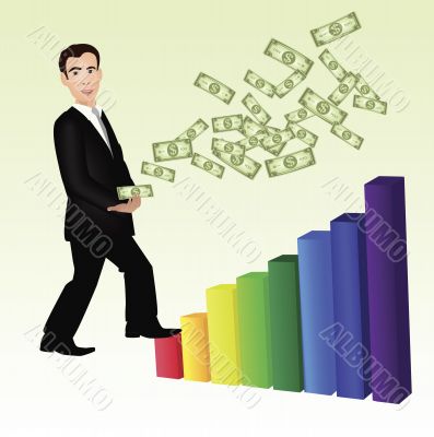 man with money climbing on bar graph
