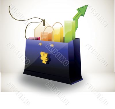 shopping bag with colorful bar graph arrow and tag