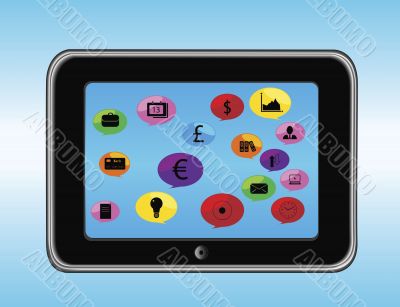 illustration of a tablet with business icons
