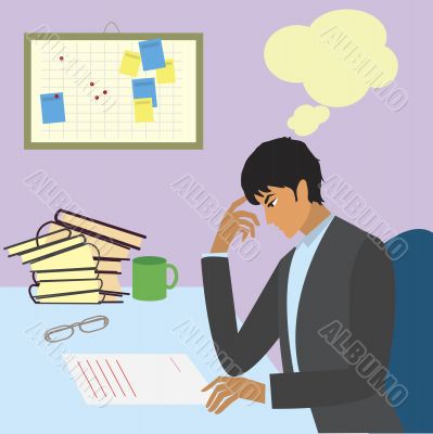 thoughtful businessman with paperwork at office