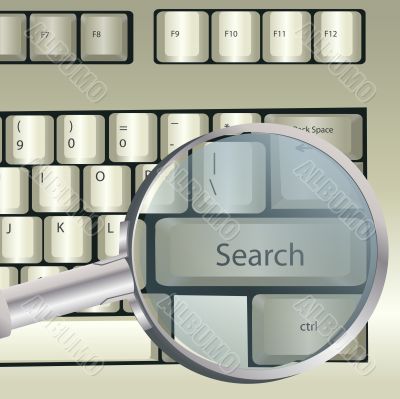 magnifying glass over computer keyboard magnifying glass over computer keyboard