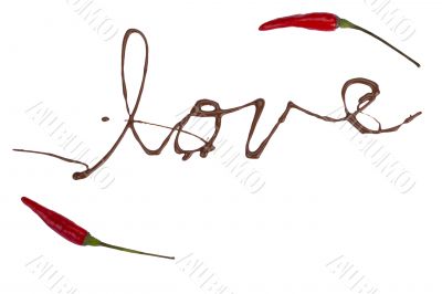 chocolate syrup forming a word with two red chili chocolate syrup forming a word with two red chili