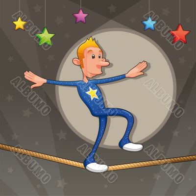 Funny equilibrist is walking on the tightrope.