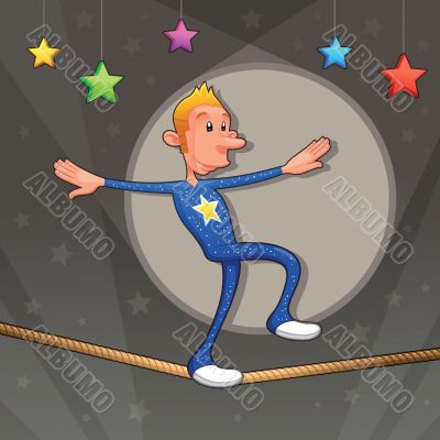 Funny equilibrist is walking on the tightrope.