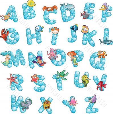 Alphabet with fish and bubbles.