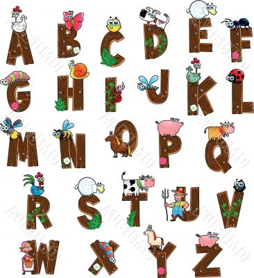 Alphabet with animals and farmers.