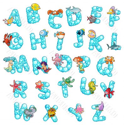 Alphabet with fish and bubbles.