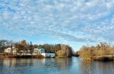 Pond and the main building of the estate near Moscow