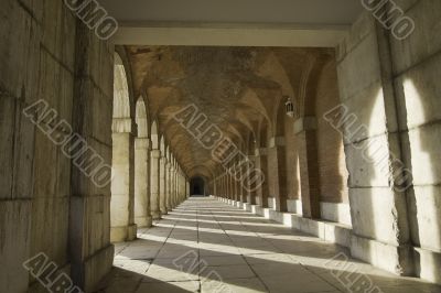 Ancient exterior hallway of Royal Palace in Aranjuez 