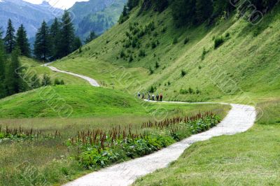 People hiking and mountain landscape