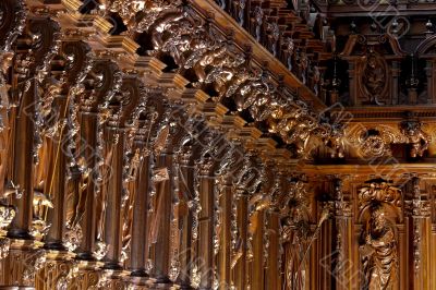 Beautiful choir medieval wood carving of a Spanish cathedral