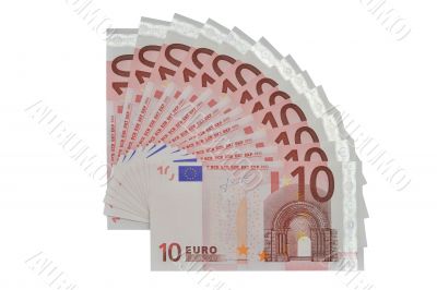 many banknotes of ten Euros form a fan