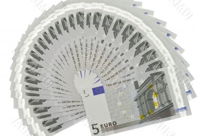 Many banknotes of five Euros form a fan