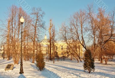 Old-time estate among the leafless trees