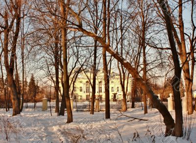 Old-time estate among the leafless trees