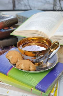 A cup of tea and biscuits on a stack of books