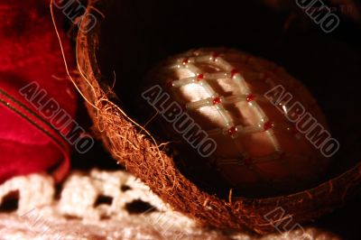 wicker egg in coconut shell