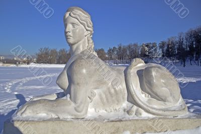 Tsaritsyno. Sphynx at the pier of the Upper pond