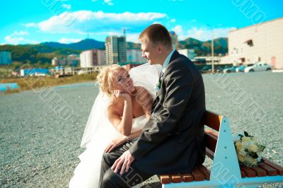 Bride and groom of blue sky