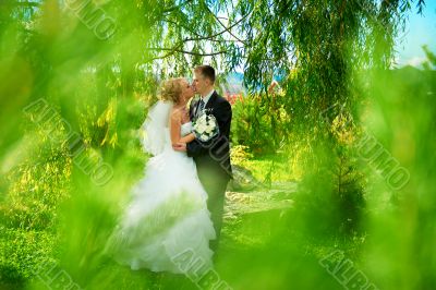 Bride and groom at the park