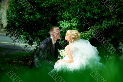 Bride and groom at the park