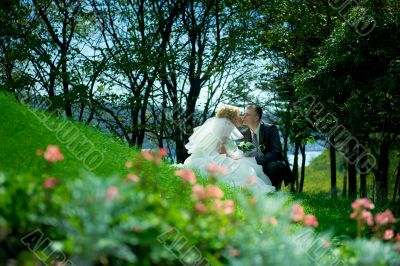 Bride and groom at the park